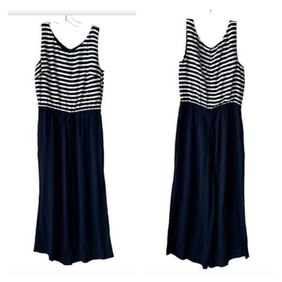 TALBOTS Nautical Sailor Striped Wide Leg Sleeveless Jumpsuit Romper Navy White 8 - Picture 3 of 11